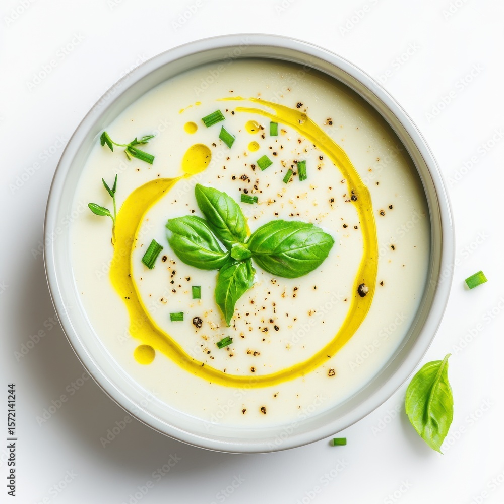 Creamy white soup garnished with fresh basil and olive oil Creamy white soup garnished with fresh basil and olive oil