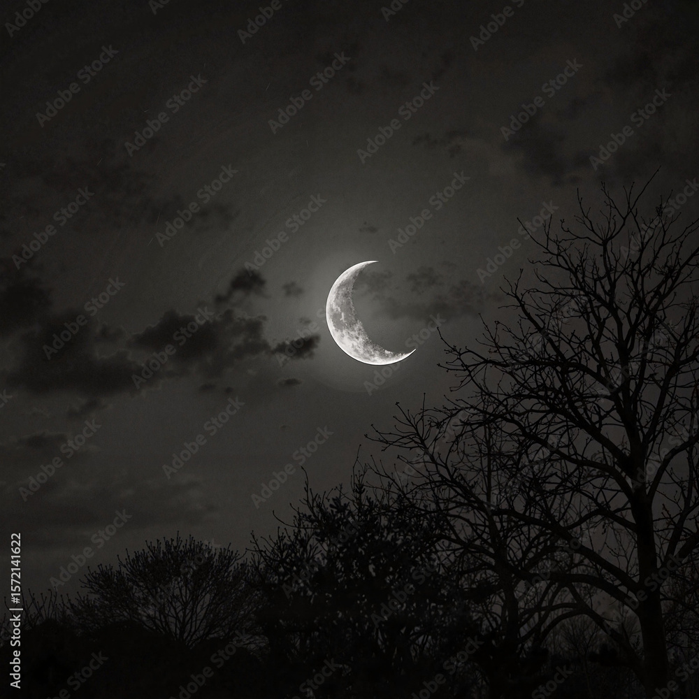 Naklejka premium Black and white photo of a crescent moon among clouds with bare trees on a dark background