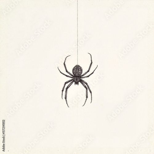 Realistic spider hanging on a thread against a light background with copy space