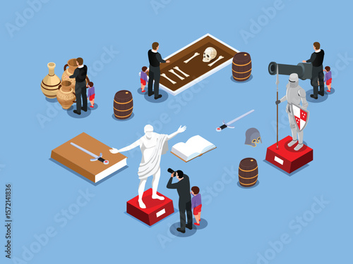Isometric History Museum Exhibition with Visitors and Ancient Artifacts 3d vector illustration