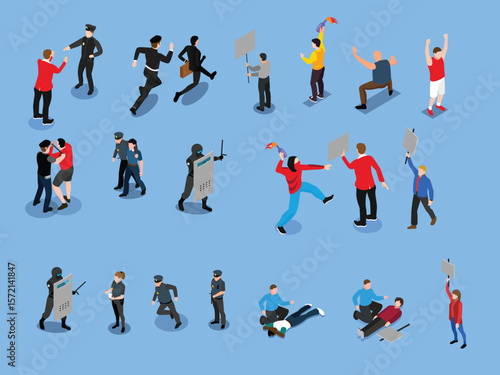 Isometric Protest and Riot Concept with Police and Activists in Conflict 3d vector illustration
