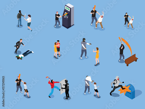 Isometric Urban Crime and Violence Scene with Criminal Activities and As 3d vector illustration