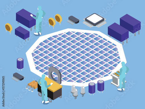 Isometric Illustration of Semiconductor Manufacturing and Microchip Production Process 3d vector illustration