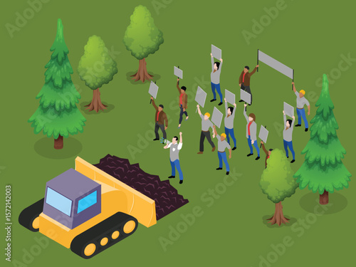 Isometric Illustration of Environmental Protesters Opposing Deforestation and Bulldozer Activity in Forest 3d vector illustration