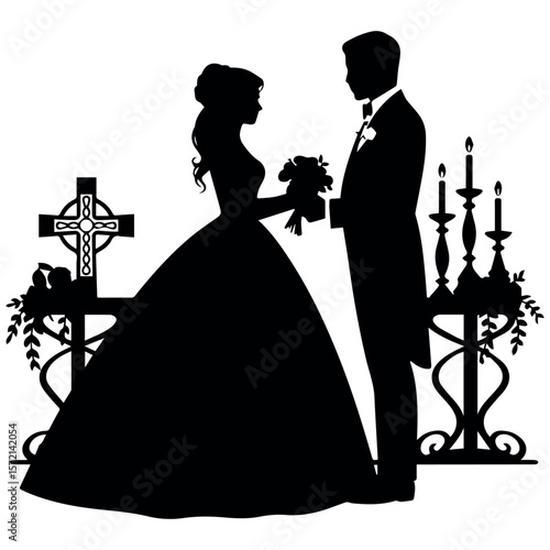 Wedding silhouette of bride and groom with cross and candles vector illustration design for print 