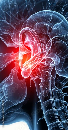Human Ear Pain - Medical X-ray Scan with Red Highlight