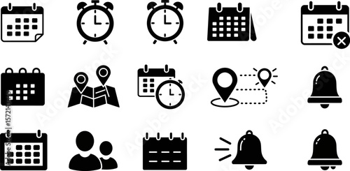 Calendar appointment schedule reminder alarm clock notification planning event time management icons