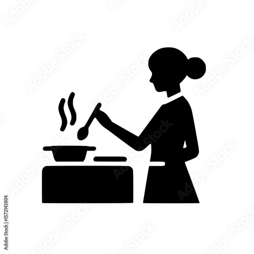 Cooking person icon, black silhouette, hand with spoon, standing at stove, minimal clipart