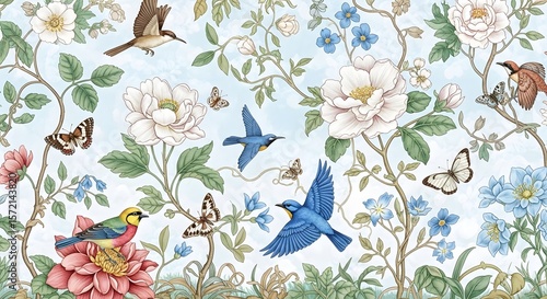 Beautiful floral pattern wallpaper with birds and butterflies for home decor and backgrounds