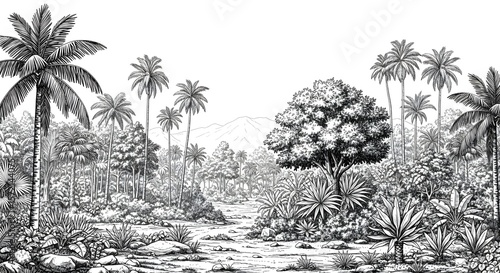 Fototapeta Naklejka Na Ścianę i Meble -  Explore black and white jungle illustration with palm trees and tropical plants drawing design art