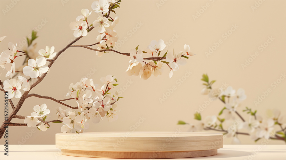 Wooden podium for product presentation with cherry blossom. 3d render,Wooden podium for product presentation with cherry blossoms. 3d render Wooden podium for product presentation with cherry blossom. 3d render,Wooden podium for product presentation with cherry blossoms. 3d render