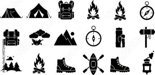 Camping and outdoor adventure vector icons set tent backpack campfire compass mountain boot and kayak design