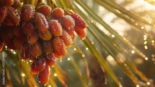 A bunch of dates glistening with morning dew hanging from a date palm