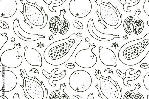 Flat cartoon vector pattern with exotic fruits in black and white. Seamless background with bananas, pomegranates, papayas, pitahayas. Tropical theme, packaging, kitchen decor, summer design