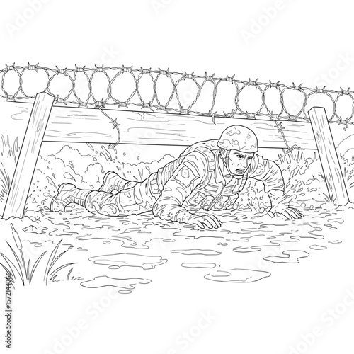 A soldier crawls through mud beneath barbed wire during a tough military training exercise, dressed in full gear and helmet.
