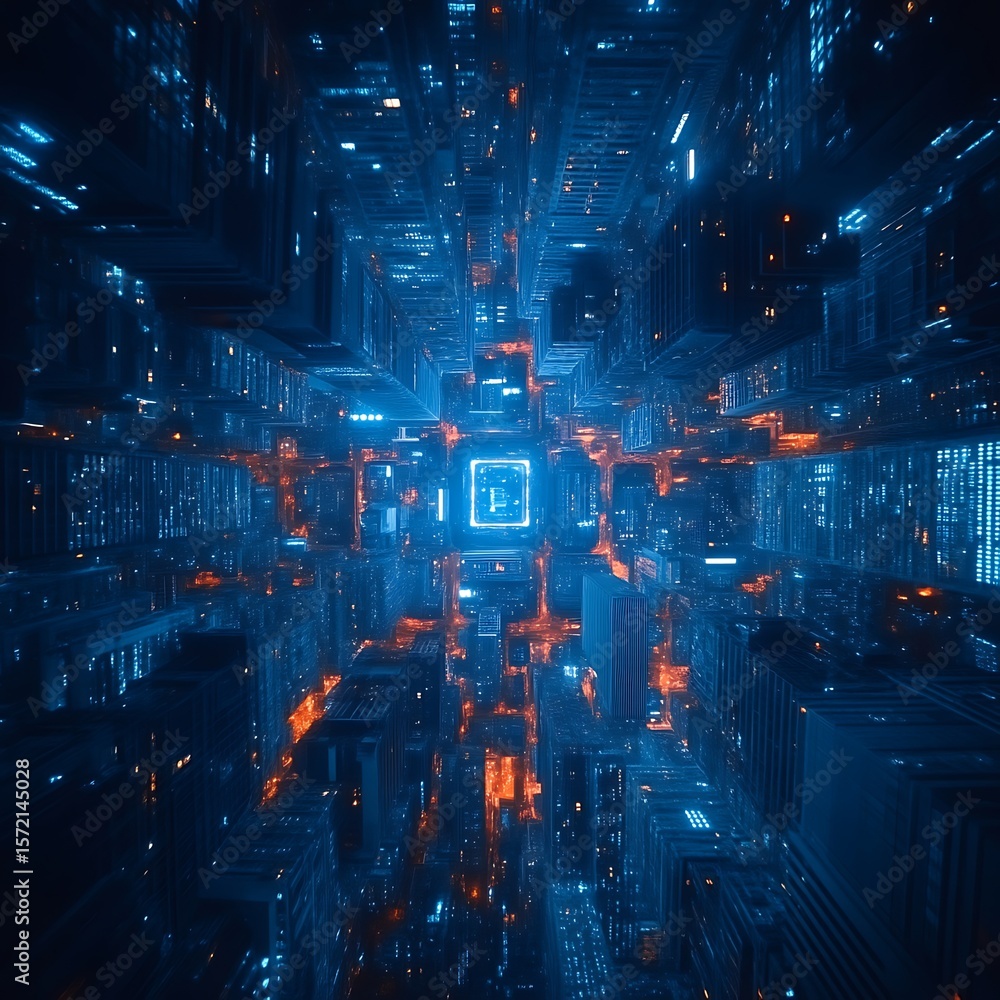Obraz premium Futuristic city, glowing with vibrant neon lights, crisscrossing corridors, technological architecture