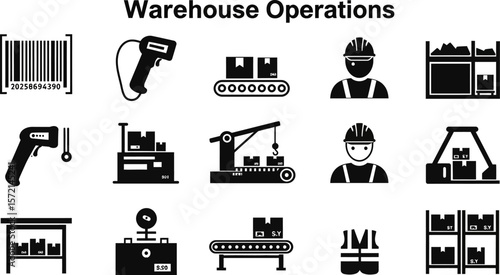 Warehouse operations logistics supply chain management inventory control distribution process icons set