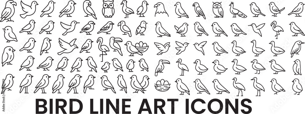 A Comprehensive Line Art Icon Set of Various Birds A Comprehensive Line Art Icon Set of Various Birds