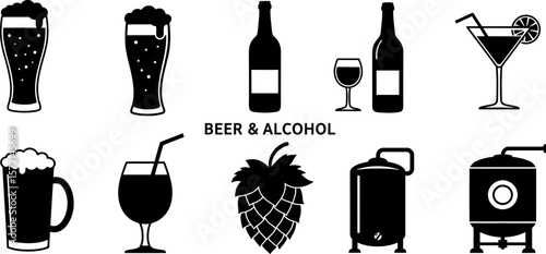 Vector illustration of beer and alcohol drinks including cocktail wine and brewing equipment set icon