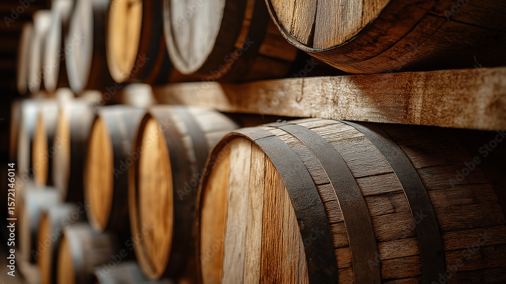 Rustic Wooden Barrels Stacked Neatly in Formation with Natural Lighting Rustic Wooden Barrels Stacked Neatly in Formation with Natural Lighting