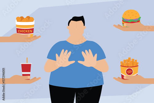 Overweight Man Refusing Unhealthy Fast Food Temptation 2d flat vector illustrations