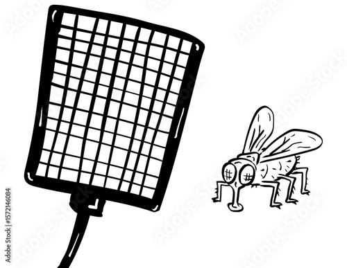 Cartoon style illustration of a of fly swatter and housefly being swatted on isolated background done in black and white.
