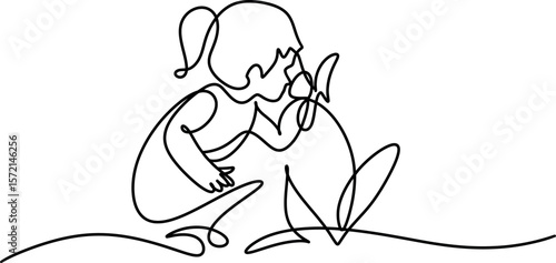Fotografía one line. little girl smelling flower sitting