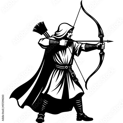 Sketchy emblem of medieval archer in cloak and hood. Engraving minimalistic vector in black ink drawing on transparent background