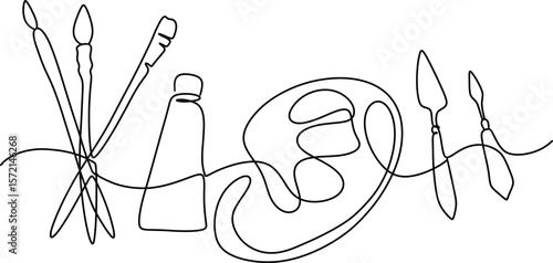 Fotomural one line. drawing accessories. paints, palette, brush, pencil