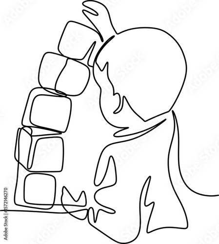 Cuadro en lienzo one line. a small child plays with blocks. builds a tower