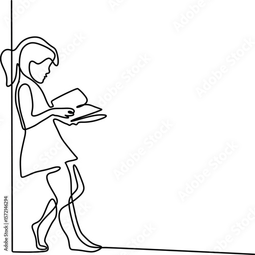 Fotomural one line. little girl reading a book standing against the wall