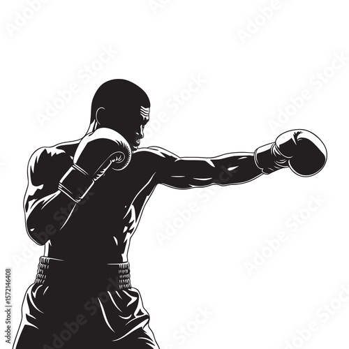 Silhouette of a boxer in a match on a white background