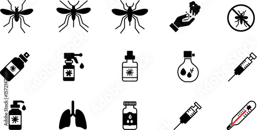 Mosquito control and disease prevention vector icons set for health and medical illustrations