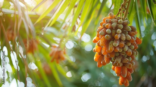 A close-up of dates still attached to their stems hanging in dense clusters against the green foliage of the tree