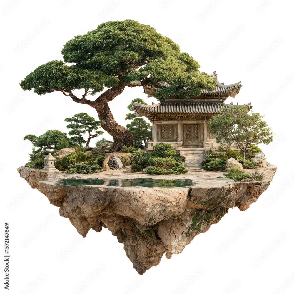 Fototapeta premium Serene Floating Japanese Garden with Ancient Architecture and Trees