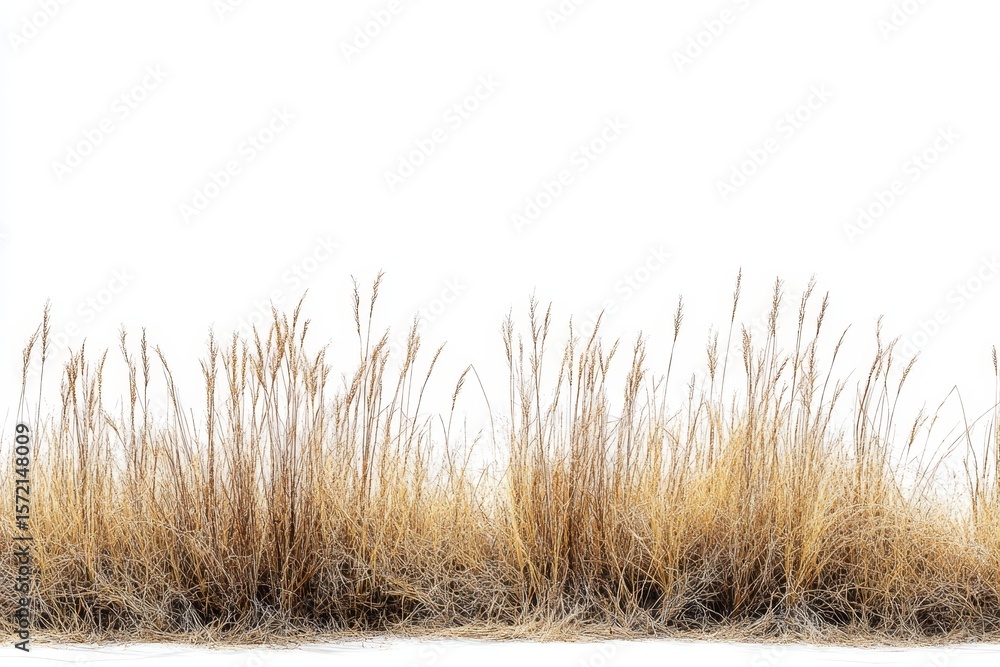 Fototapeta premium Dried, light brown grass tufts against a white background.