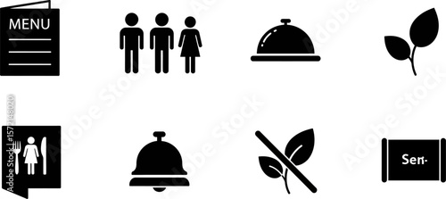 Restaurant icons vector set menu people food service allergen free call waiter symbol design