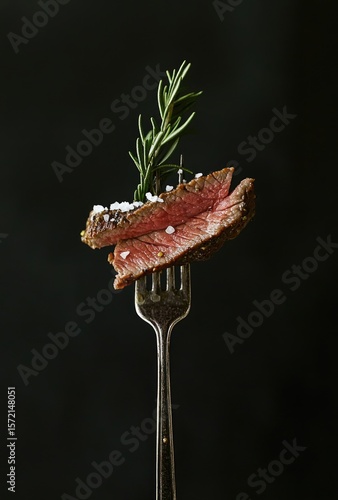 Sliced steak on fork with rosemary and salt