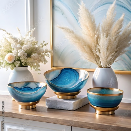 Elegant blue and gold decorative bowls with swirling patterns displayed with dried flowers and artwork