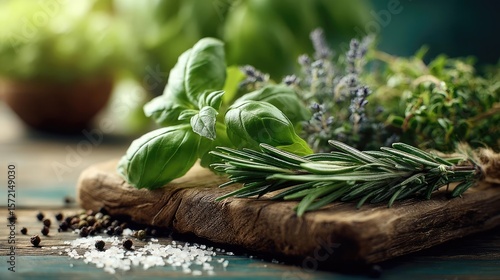 Salt substitute concept. Fresh herbs on a cutting board ready for culinary creations.