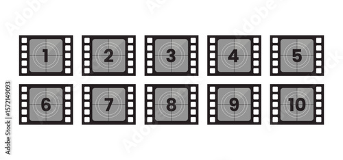 Film Countdown Numbers 1–10 Frames. Retro Movie Reel. Set of countdown frame. Retro cinema strip