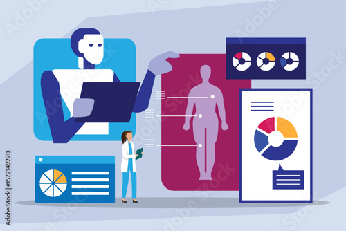 Medical Professional Analyzing Patient Health Data and Reports 2d flat vector illustrations