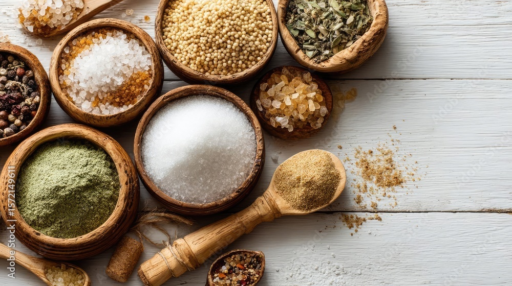 Salt substitute concept. Colorful array of spices and herbs in wooden bowls on table. Salt substitute concept. Colorful array of spices and herbs in wooden bowls on table.