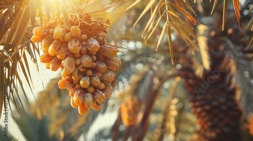 A close-up shot of ripe dates hanging from a date palm tree glistening in the sunlight