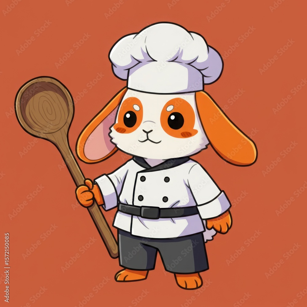 A cute rabbit chef cartoon character holding a wooden spoon in kitchen A cute rabbit chef cartoon character holding a wooden spoon in kitchen