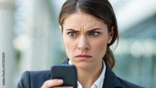 Frustrated woman intently focuses on her smartphone  displaying a serious expression in a professional setting.