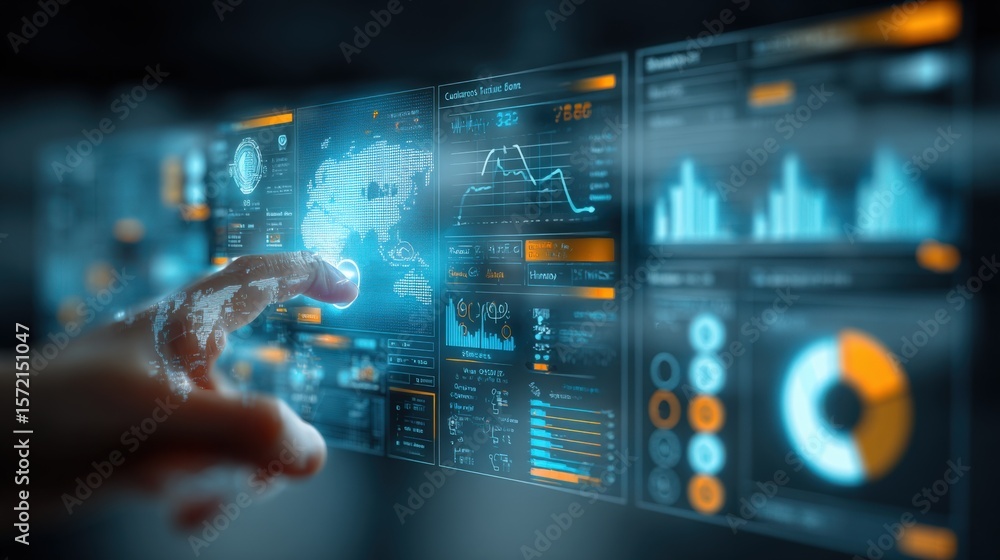 Fototapeta premium Advanced digital data analysis interface with futuristic technology charts graphs and financial metrics on a transparent touchscreen display