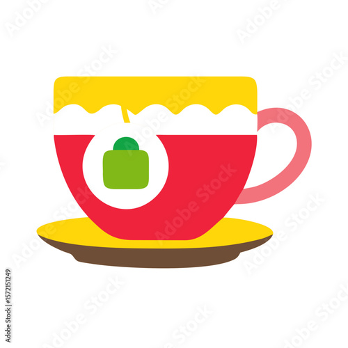 Teacup vibrant red teacup and saucer with a teabag inside, perfect for designs related to relaxation, tea, and coziness.