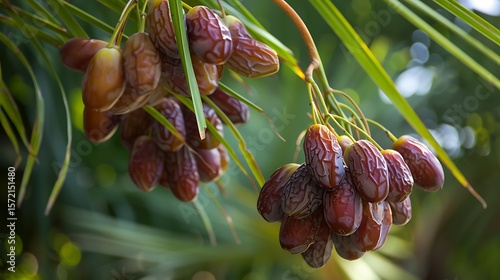 A cluster of fresh dates hanging low enough to touch against a backdrop of green fronds