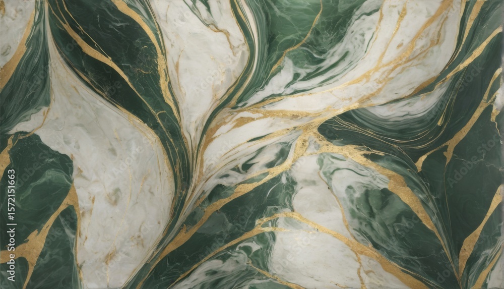 Obraz premium Seamless marblepattern with green, white, and gold waves. Abstract design with diagonal gold lines for dynamic and energetic feel.